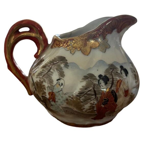 Japanese Ceramic Satsuma Moriage Ware Creamer Jug Geisha Vintage Mid Century 5” - Picture 2 of 6